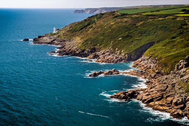 The wild Cornish coastline looking south to Tater du Lighthouse.